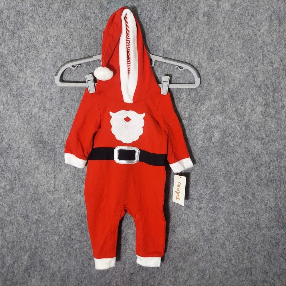Cat & Jack‎  Suit 0 3 Month Christmas Santa Embroidered Beard Belt Hooded Snaps